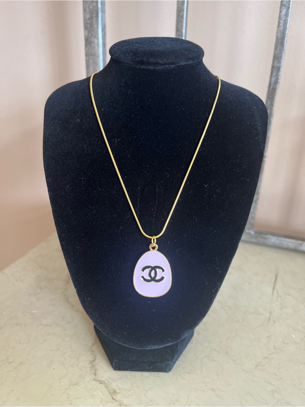 Chanel Gold-Tone Lavender Enamel CC Pendant Necklace 20” chain